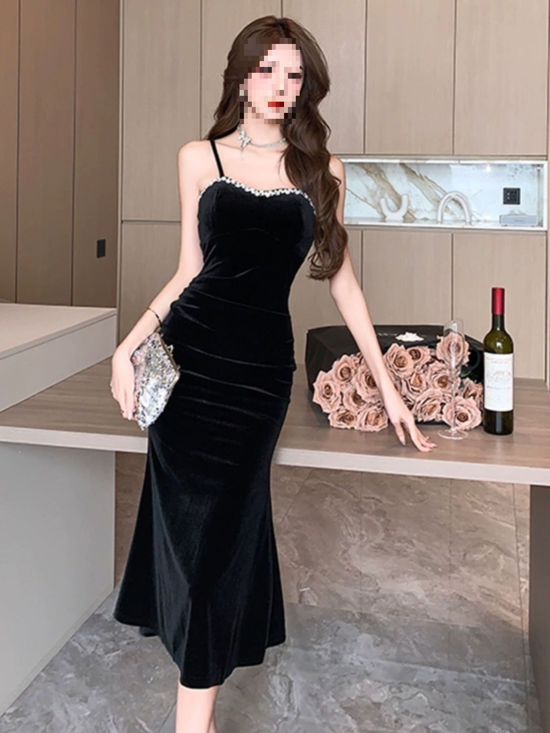 Plus Size Women's Fat French Retro Celebrity Gold Velvet Fishtail Mid-Length Skirt Suspender Dress