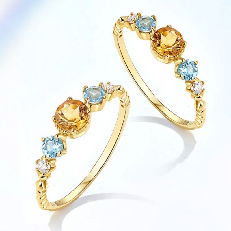 "Orange and Sea" Plated 18K Gold High Imitation Stone Natural Ring Blue Topaz Color Light Luxury All-match Women's Ring