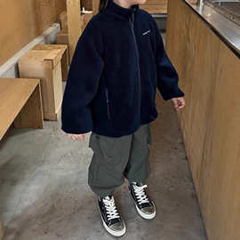 25冬季新款童装双面穿摇粒绒立领外套双面绣花中大童立领夹克风衣