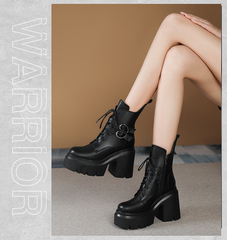 Boot nữ cổ thấp da thật phong cách Anh quốc, gót vuông 12 cm, khóa dây kéo — Lót nhung đen chi tiết 6