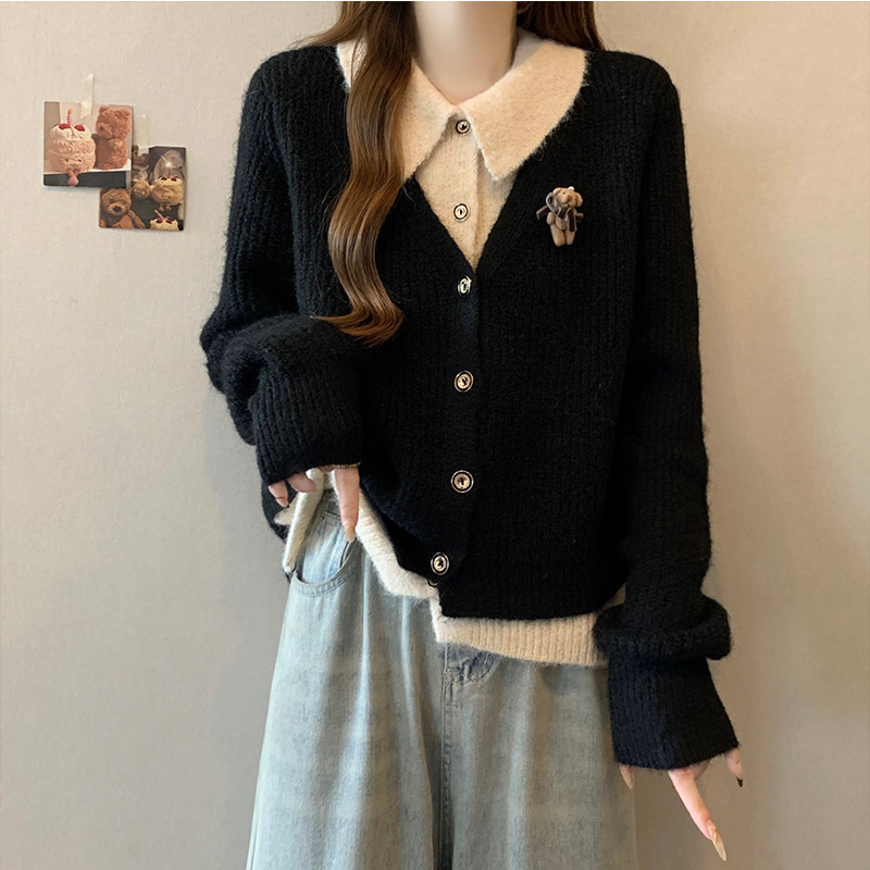 美拉德咖色翻领正肩毛衣外套女2025春秋款大码胖mm假两件针织开衫|undefined