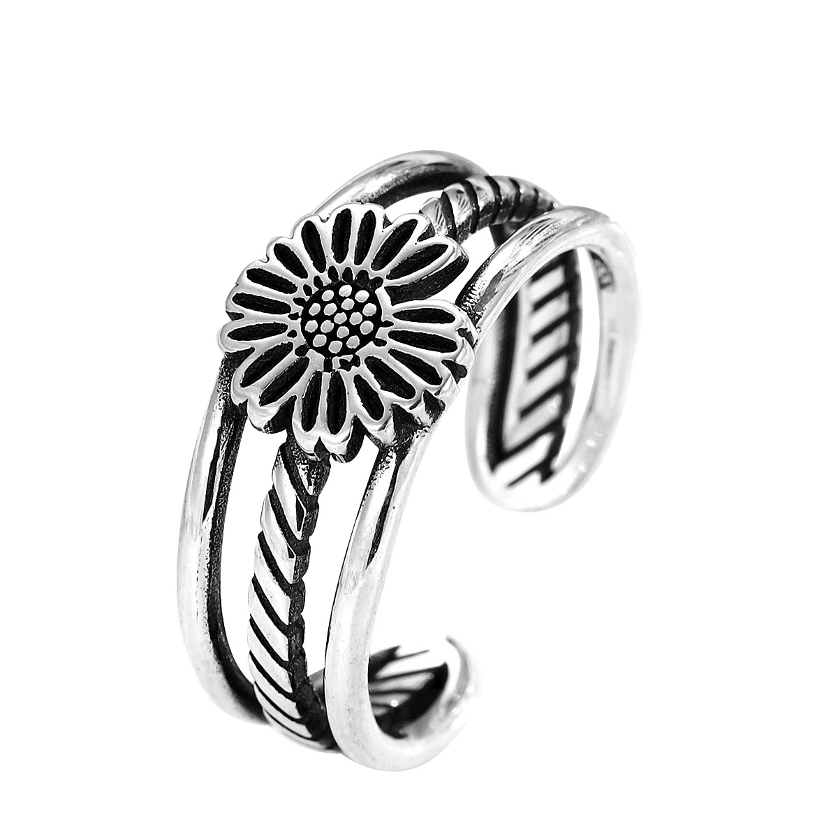 Retro ring, universal accessory solar-powered, silver 925 sample, flowered