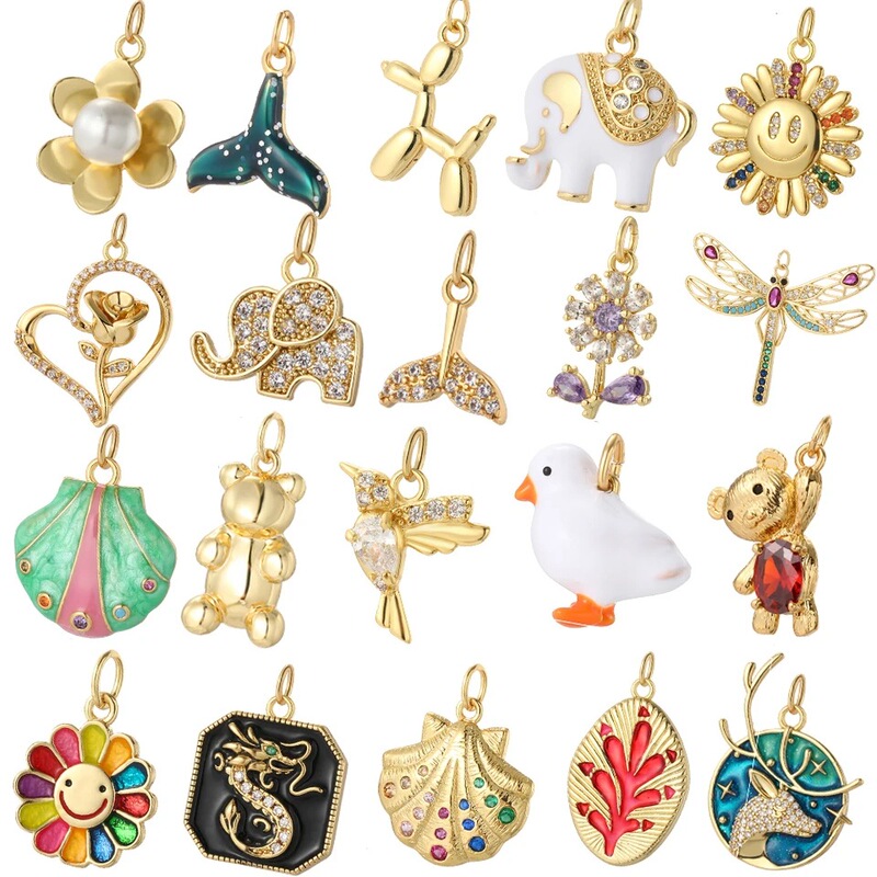 Cute Bear, Flower, and Elephant Charm Copper Pendant Fish Tail DIY Necklace, Earrings, Bracelet