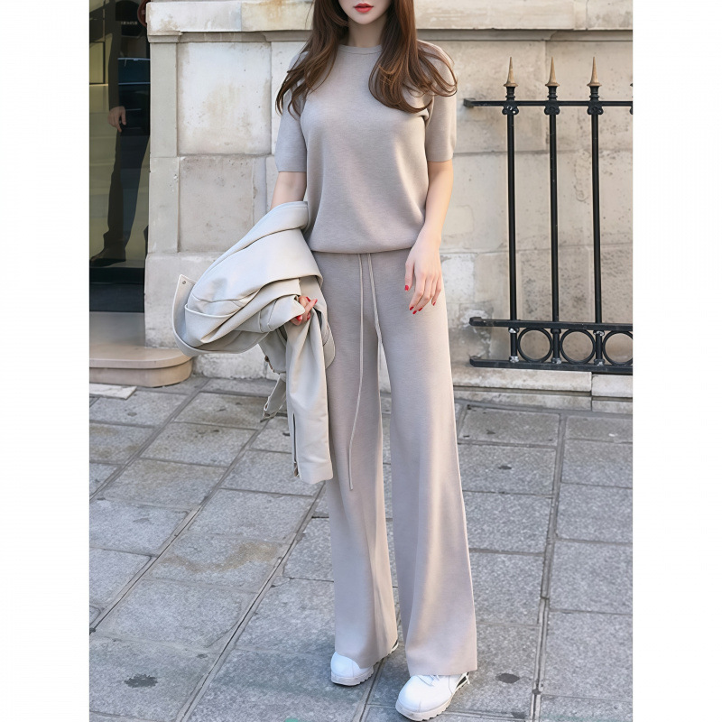 6648 Casual Ice Silk suit Summer New Women's Short-sleeved Sweater Top Wide-leg Pants Pants Two-piece Set