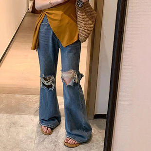 plus size Women's Blue Design Sense Ripped Jeans Women's 2025 Spring New High Waist Micro-pants Trousers