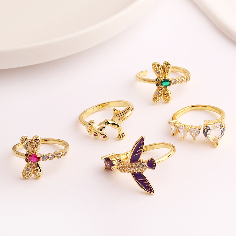 Fashion Animal Heart Shape Copper Gold Plated Zircon Open Ring