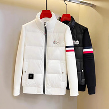 冬季男士保暖防寒立领羽绒服时尚潮流修身休闲拼接针织袖机车外套