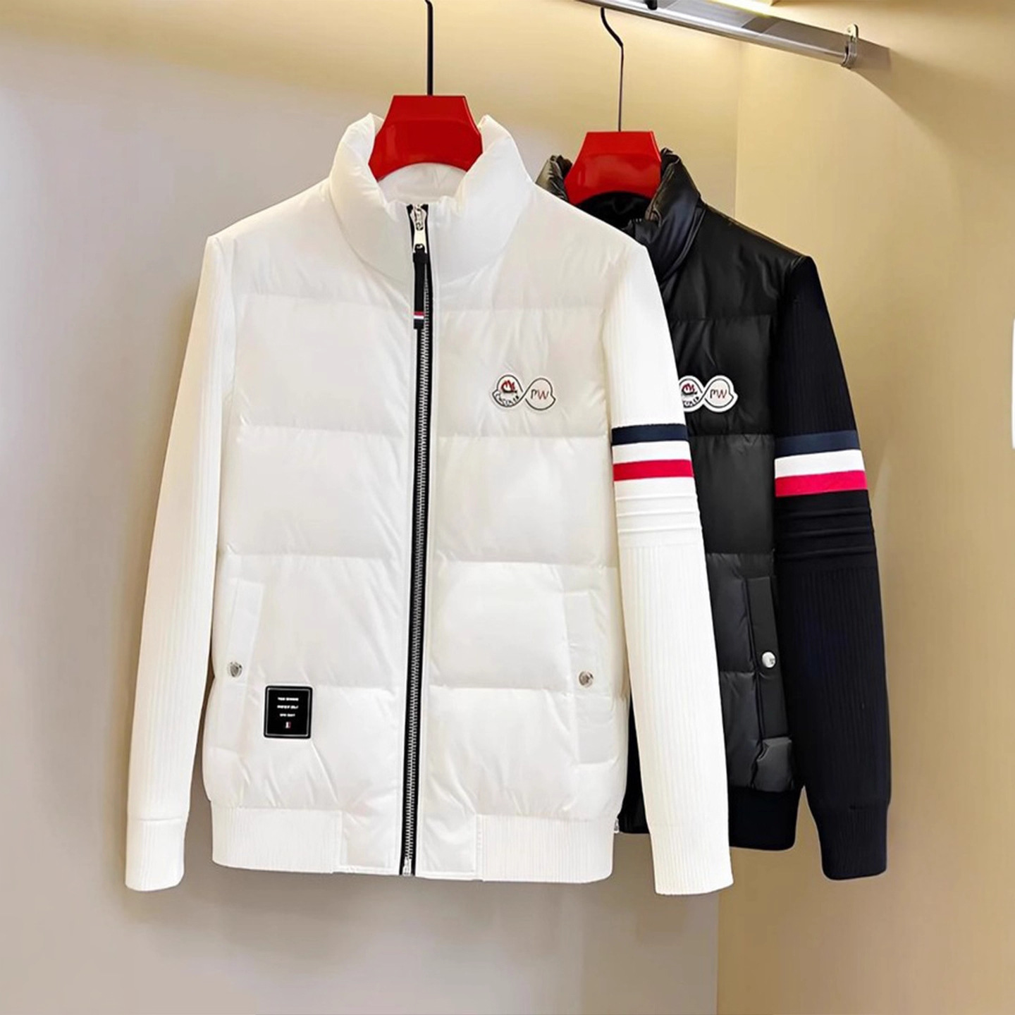 冬季男士保暖防寒立领羽绒服时尚潮流修身休闲拼接针织袖机车外套