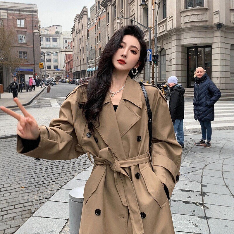 Elegant khaki trench coat for women, mid-length, 2026 autumn new style, oversized British style coat for petite women