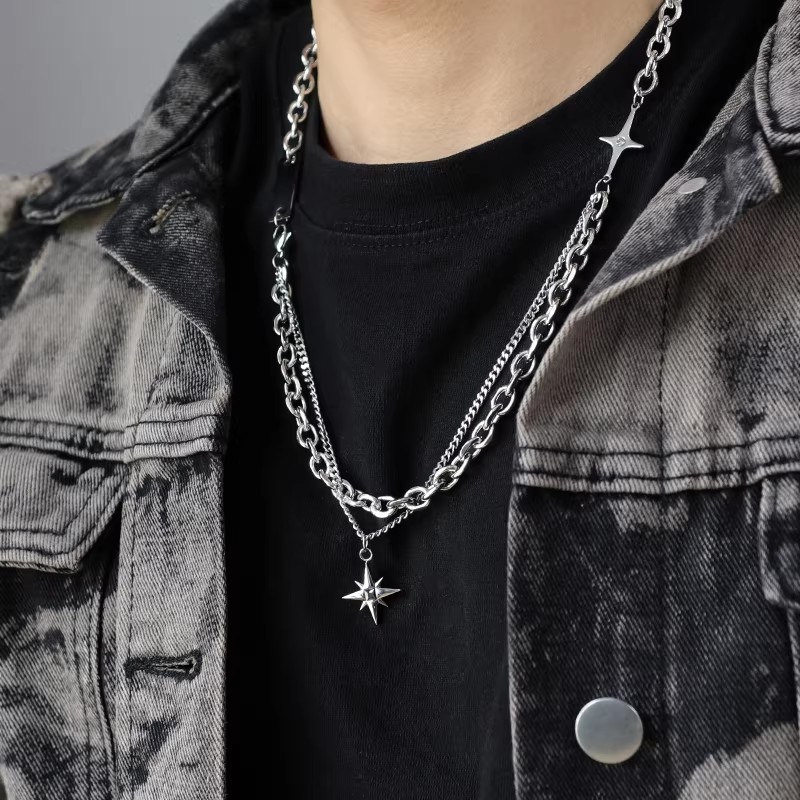 Double Layer Chain Necklace With Cross And Star Pendants For Men_voghion.com