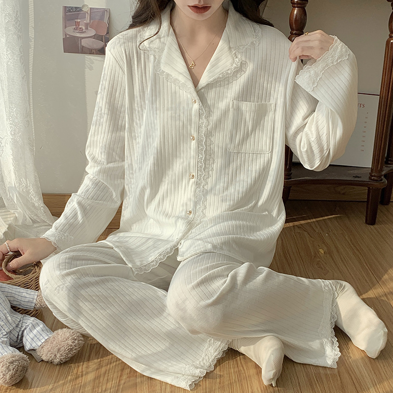 1146# Pit White Spring New Lapel Cardigan Lace 6535 Long Sleeve Pants Pajamas Ladies Home Clothes