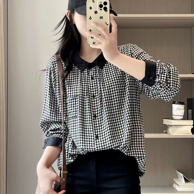 New Plaid Shirt Long-sleeved Black Collar Design Loose Casual Shirt Women's Thin Academy Style Shirt Slim