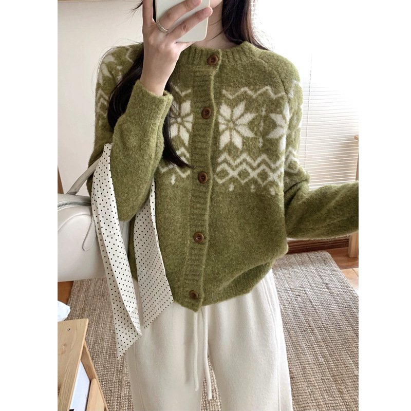 Norwegian Forest Wool Loop Yarn Fair Isle Sweater Women's Autumn Lazy Style Sweater Jacket Round Neck 2025 New Norwegian Forest Wool Loop Yarn Fair Isle Sweater Women's Autumn Lazy Style Sweater Jacket Round Neck 2025 New