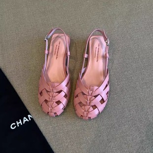 Handmade Woven Closed-Toe Low-Heeled Pig Cage Shoes, New Retro Open-Back Low-Top Roman Sandals for Women with Chunky Heels
