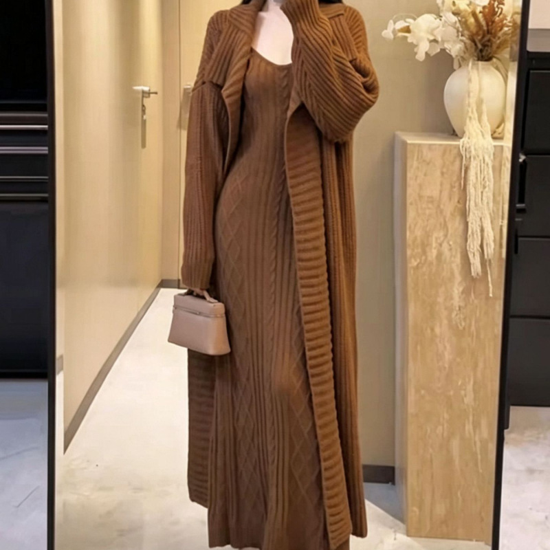 2026 Winter Cross-Border Hot-Selling Retro Cable-Knit Camisole Dress Women's Long Sweater Cardigan Outerwear Set 2026 Winter Cross-Border Hot-Selling Retro Cable-Knit Camisole Dress Women's Long Sweater Cardigan Outerwear Set