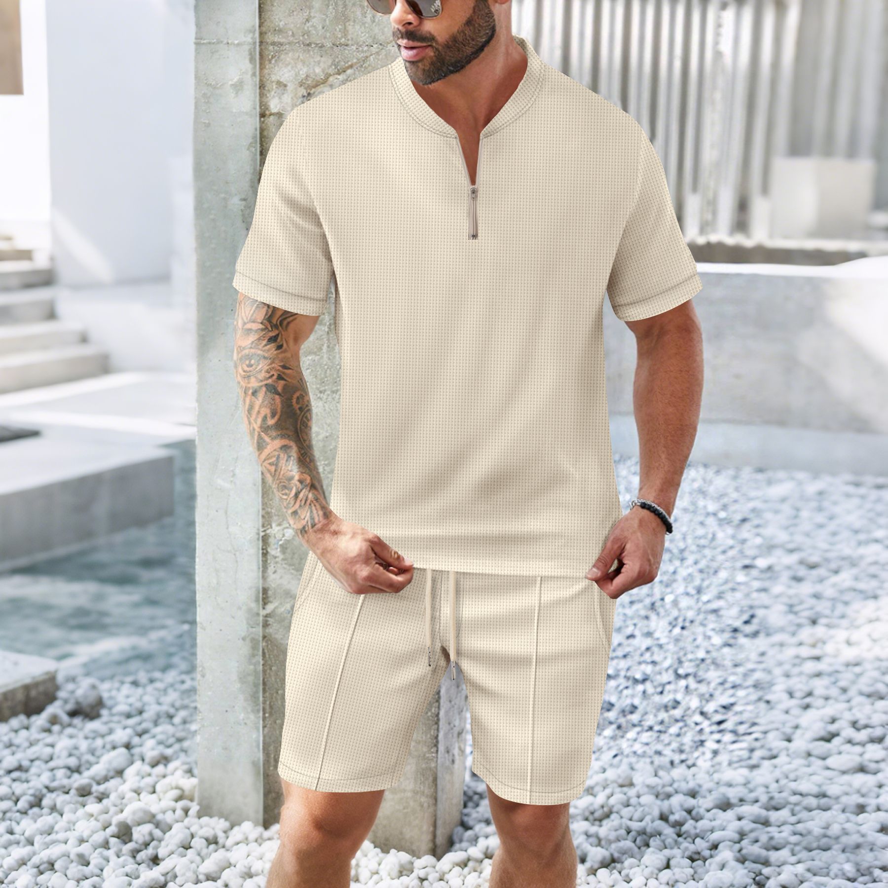 Men's European American Waffle Stand Collar Zipper Breathable Solid Color Casual Comfortable Short Sleeve Two Piece Set_voghion.com