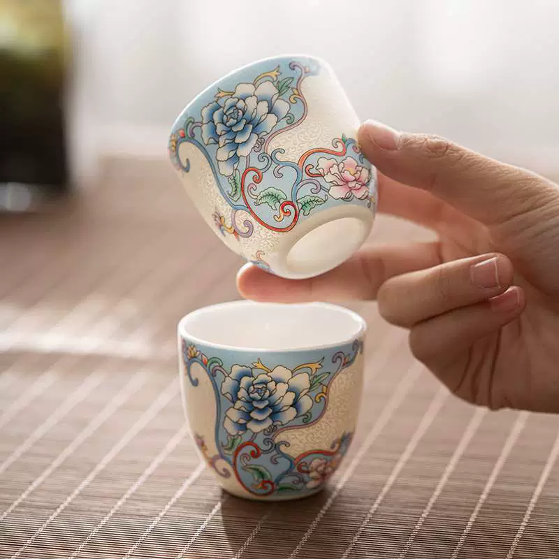 Master cup tea cup handmade silk silver peony master cup ceramic kung fu tea set single tea cup tea cup