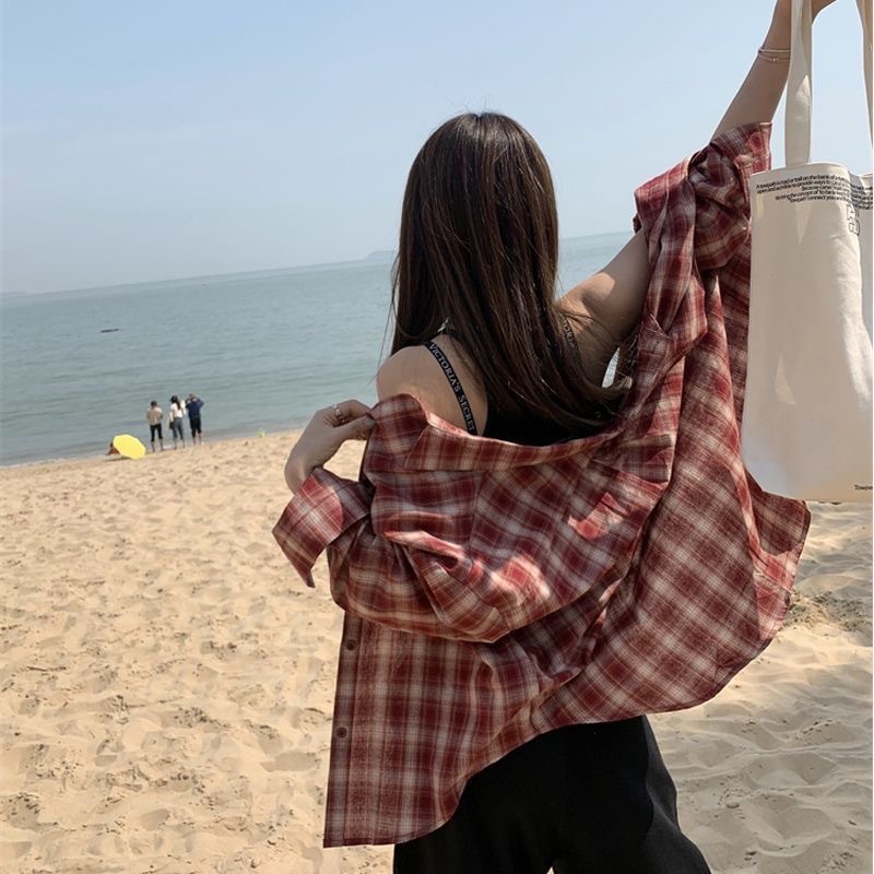 美式复古蓝色格子衬衫外套女2025秋季新款别致宽松休闲防晒衬衣潮|undefined