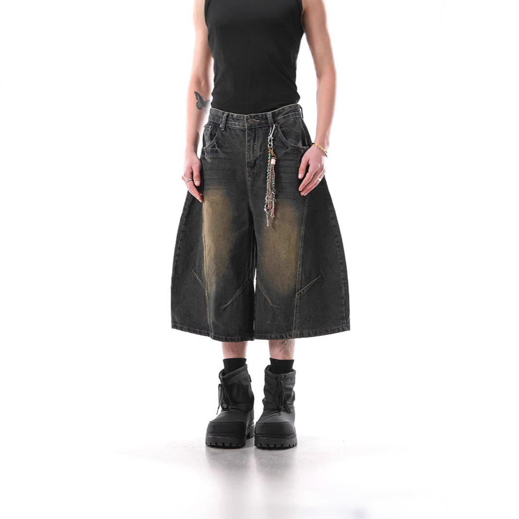 美式复古解构弯刀牛仔七分裤男女夏季做旧设计感街头宽松阔腿短裤