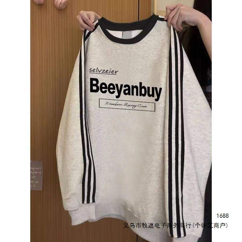 Super trendy gray sweatshirt for women and men, spring and autumn, with three stripes and letter print, loose fit, fleece-lined long-sleeve top for fall and winter