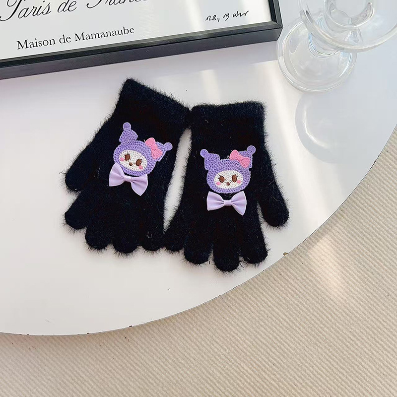 Guantes para niños otoño y invierno caliente corbata de dibujos animados galería de arroz dedo de las niñas guantes de punto de lana pelusa gruesa