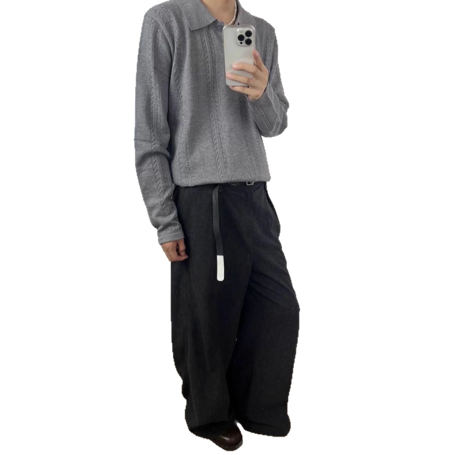 Camiseta de polo retro jacquard gris de punto de trigo hombre otoño viejo estilo de dinero con camiseta de manga larga de marca de moda