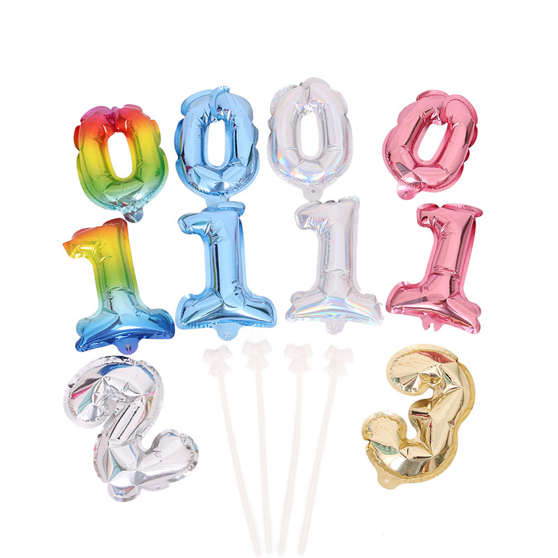 Cross-border hot sale 5-inch automatic inflatable aluminum Film Digital balloon birthday cake flag self-inflatable balloon with support rod