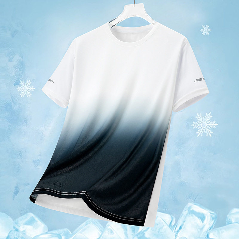 Abbigliamento da uomo T-shirt da uomo in maglia di seta ghiacciata ad asciugatura rapida, taglia grande, ampia, stampa sfumata, asciugatura rapida, scollo rotondo, traspirante, manica corta_voghion.com