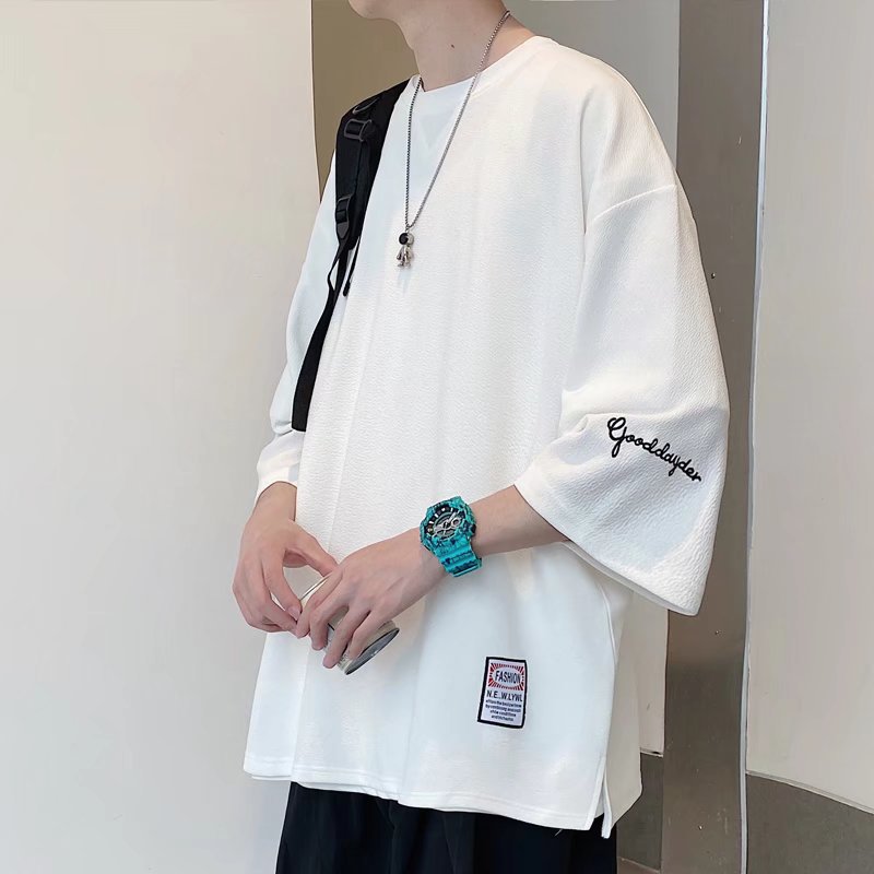 夏季潮牌七分袖t恤男士宽松大码加肥冰丝短袖衣服潮流中袖百搭潮