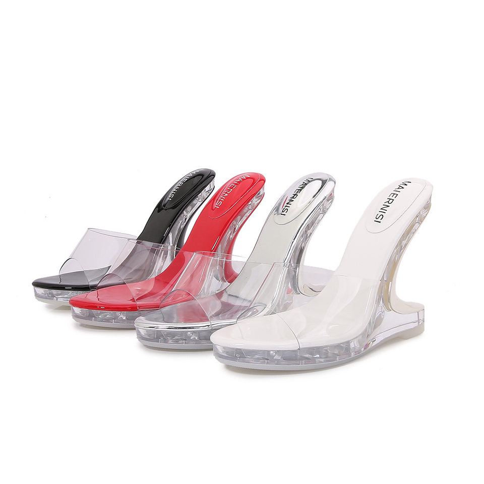 Giày sandal cao gót nữ trong suốt pha lê hở mũi gót nhọn — bạc, màu đỏ, trắng, đen