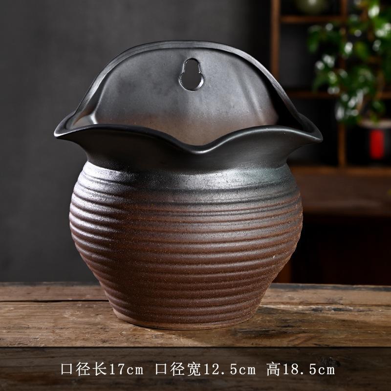 Patio al aire libre montado en la pared retro creativa maceta de eneldo verde cerámica de cerámica de gres para el hogar olla de cerámica carnosa liquidación al por mayor