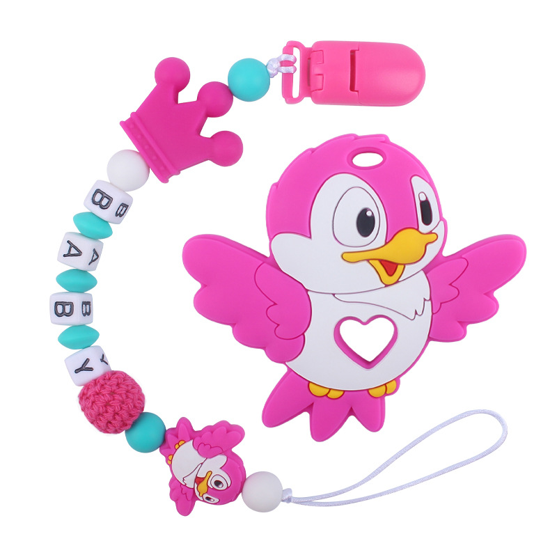 Nuevos suministros para bebés de dibujos animados animal pájaro mordedor calmante bebé chupete de silicona cadena teether traje de juguete