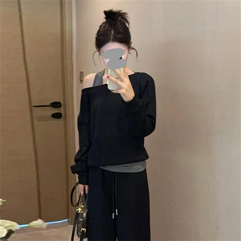 老钱风松驰感套装女2025春秋新款假两件露肩长袖卫衣阔腿裤两件套|undefined