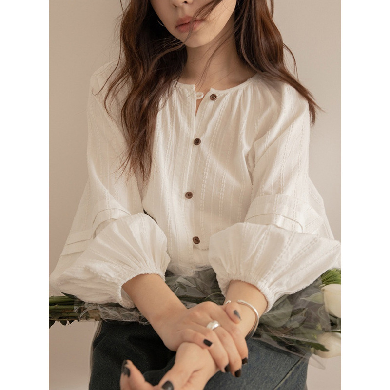 Lantern Sleeve Shirt 2025 Spring and Summer New Loose Jacquard Open Placket Round Neck Outer Wear High-end Sense Shirt Top
