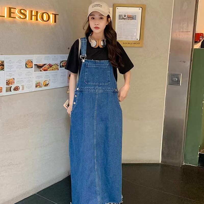 Age-Reducing Elegant Mid-Length Slit Denim Suspender Skirt for Women 2025 Spring and Summer New Large Size Waist Slimming Look Dress