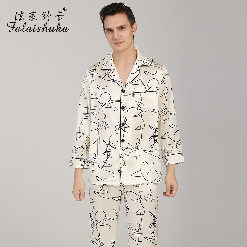 Faleshuka Heavy Pajamas Men's Printed Long-sleeved Trousers Mulberry Silk Home Clothes suit Spring and Autumn T9092 Faleshuka Heavy Pajamas Men's Printed Long-sleeved Trousers Mulberry Silk Home Clothes suit Spring and Autumn T9092