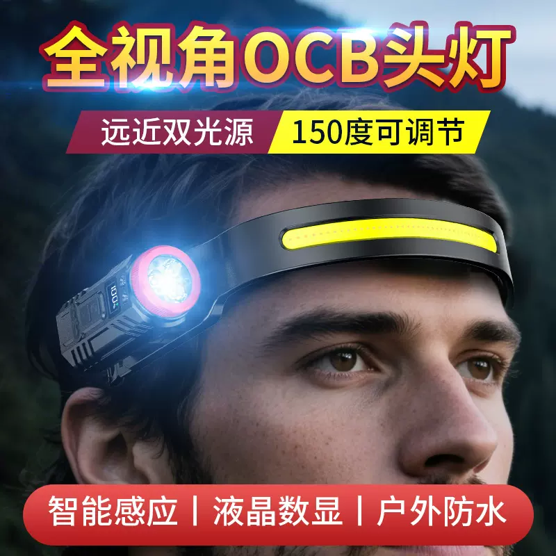 跨境新款COB硅胶感应头灯户外头戴式可充电led多角度泛光跑步灯