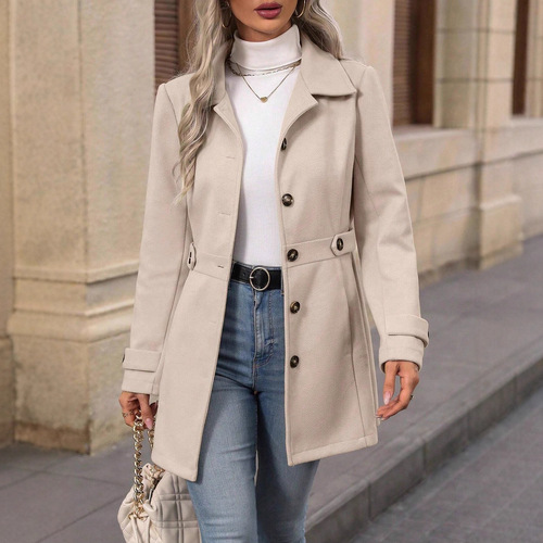 European and American 2025 Autumn/Winter New Arrival Women's Fashion Lapel-Button Solid Color Elegant Woolen Coat for Women
