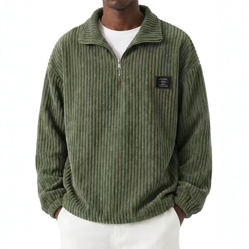 2026 New European and American Style Winter Corduroy Solid Color Loose Casual Versatile Badge Pullover Zipper Polo Shirt