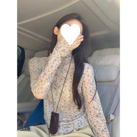 工厂批发气质时髦穿搭碎花长袖T恤女春季韩版修身百搭半高领上衣
