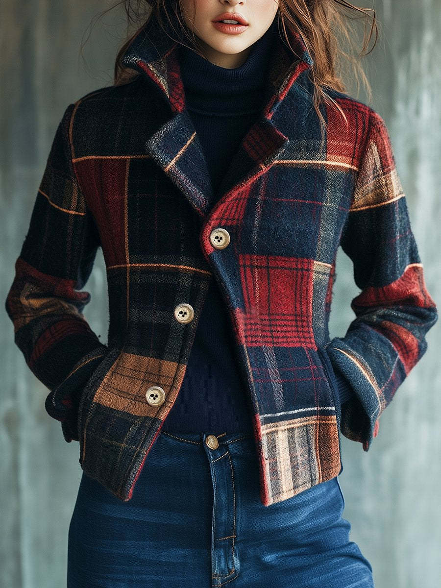 2025 European And American Women's Fashion Independent Station Plaid Retro Warm Autumn Winter Stand Collar Patchwork_ecoleips.com