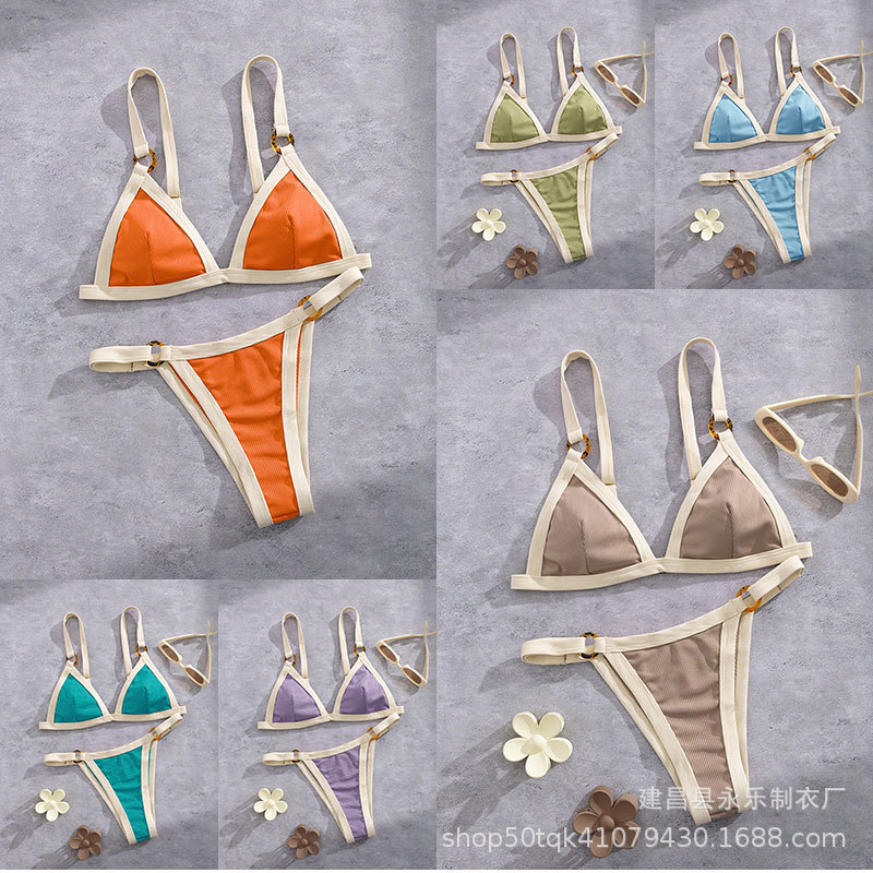 2025 New European and American Beach Vacation Swimming Women's Bikini Split Pure Color Pit Strip Sexy Swimsuit