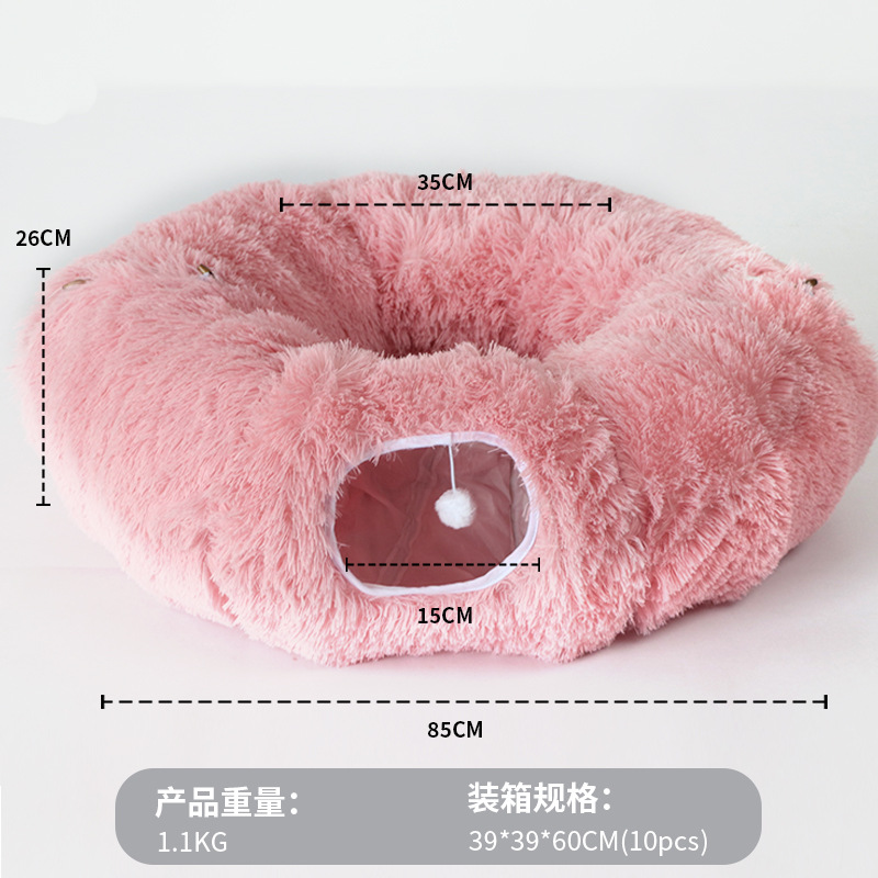 Amazon venta en caliente fábrica al por mayor peluche largo plegable donuts gato túnel mascota calentamiento al por mayor