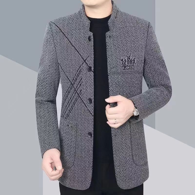 秋冬薄绒中长款外套立领夹克商务毛呢外套男休闲修身男士秋冬大衣|undefined