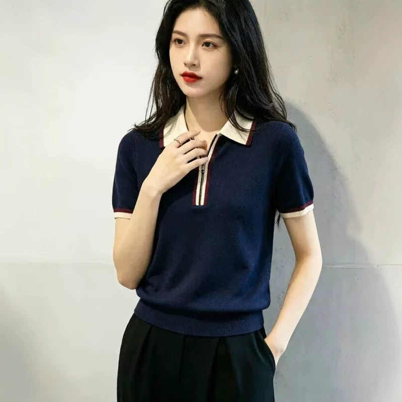 Áo thun nữ ngắn tay phong cách cổ điển, dây kéo trước, form ôm nhẹ — Xanh lông mòng đen chi tiết 4