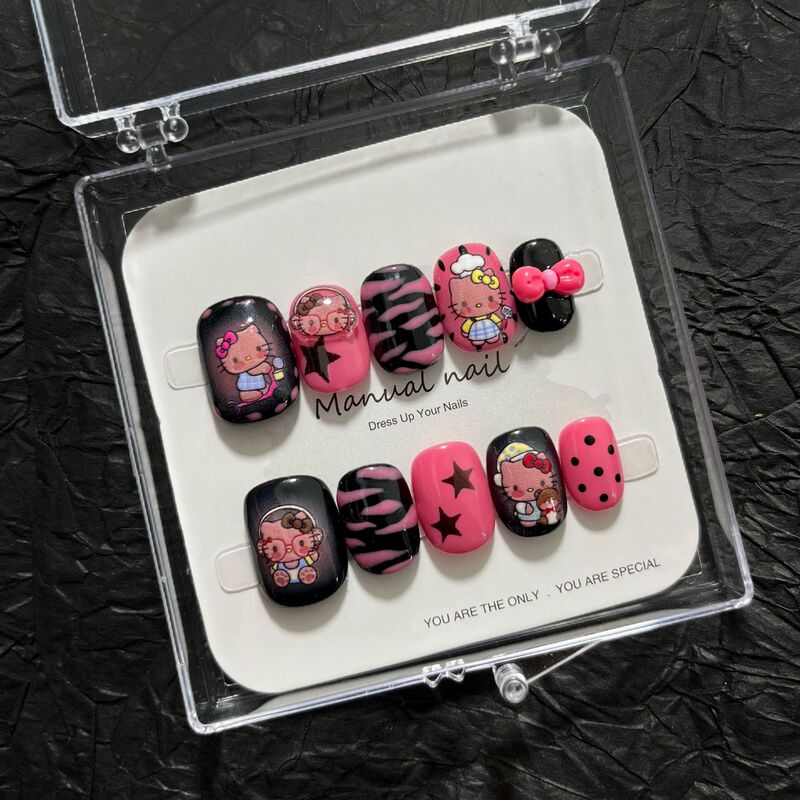 [Kt Cat] Purely Handmade Cute Cartoon Girl Short Round Wearable Nail Stickers Removable A696