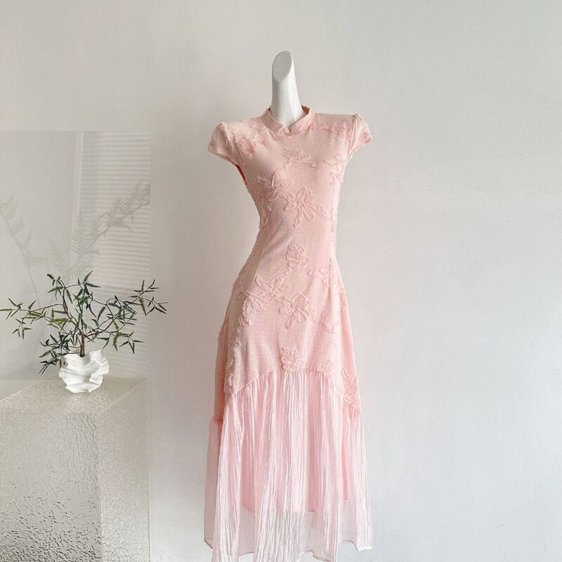 Pink New Chinese Style Three-Dimensional Floral Cheongsam Dress for Women, Spring/Summer New Elastic Mesh Mermaid Dress Hanfu