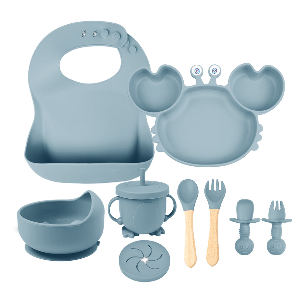 블루 9종 세트 (턱받이 + 크랩 플레이트 + 곰 흡착판 그릇(스낵 뚜껑 포함) + 먹이 그릇 + 실리콘 포크 + 나무 손잡이 포크와 스푼)