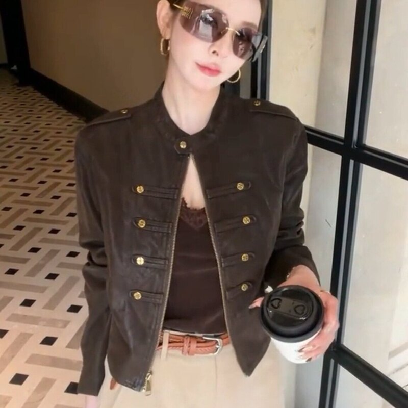 Retro stand-up collar flocked leather jacket for women, 2026 autumn new style, loose fit, slimming, versatile double-breasted jacket top Retro stand-up collar flocked leather jacket for women, 2026 autumn new style, loose fit, slimming, versatile double-breasted jacket top