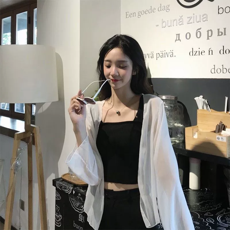 Солнцезащитная одежда, женский кардиган, летняя верхняя одежда, белый супер-фея, шифоновый топ, шаль, рубашка с кондиционером, тонкая универсальная куртка